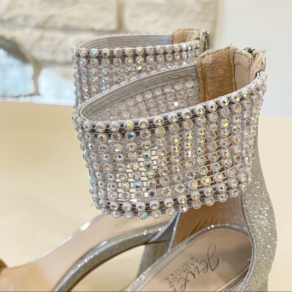 Jewel Badgley Mischka Fennella Rhinestone Silver Glitter Chunky Heel Sandals 8 - Picture 6 of 11